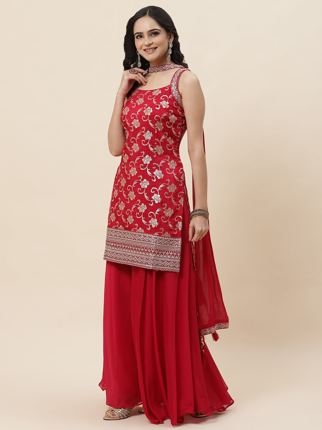 Floral Woven Georgette Kurta With Sharara &amp; Dupatta