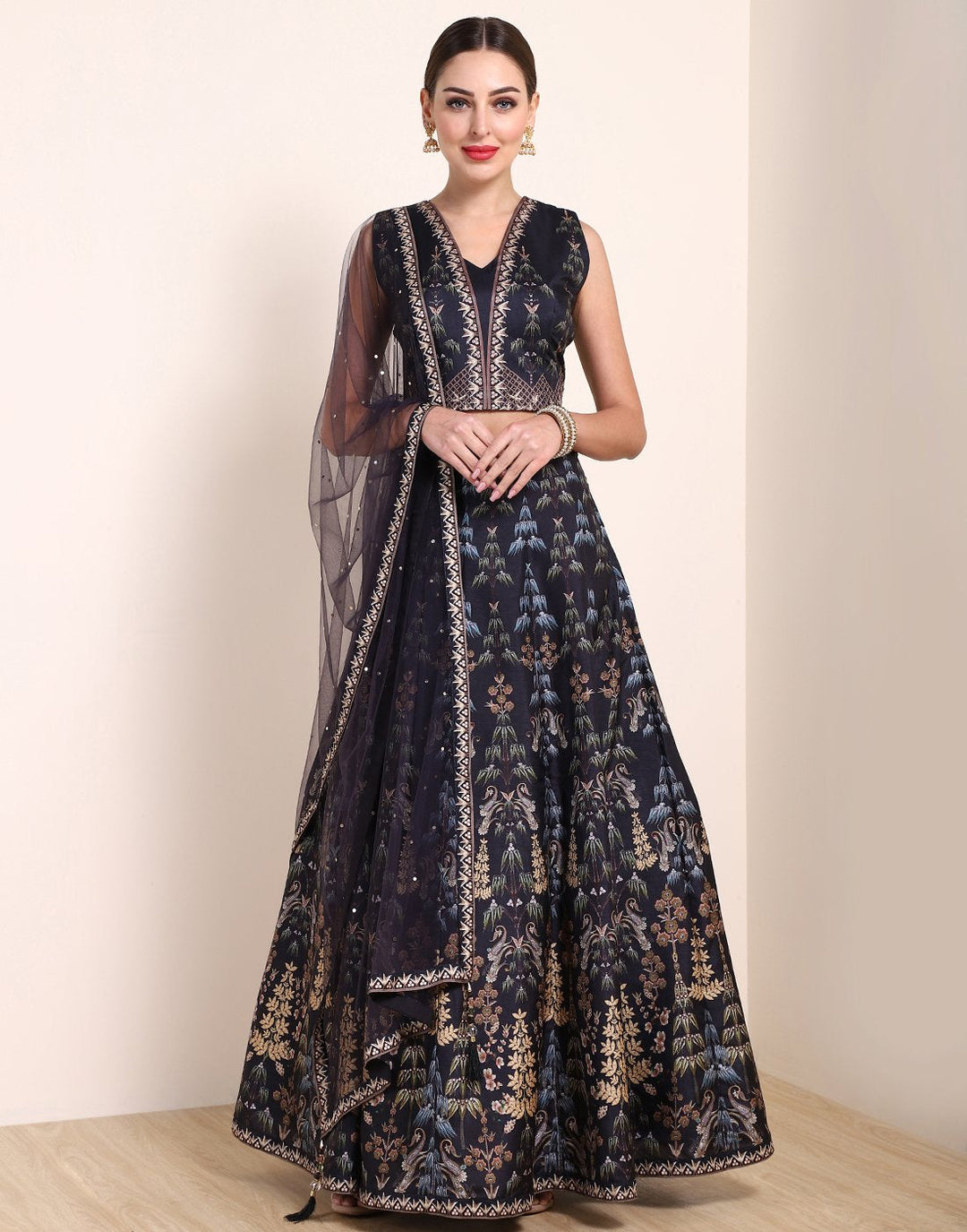 Navy Blue Art Tusser Lehenga
