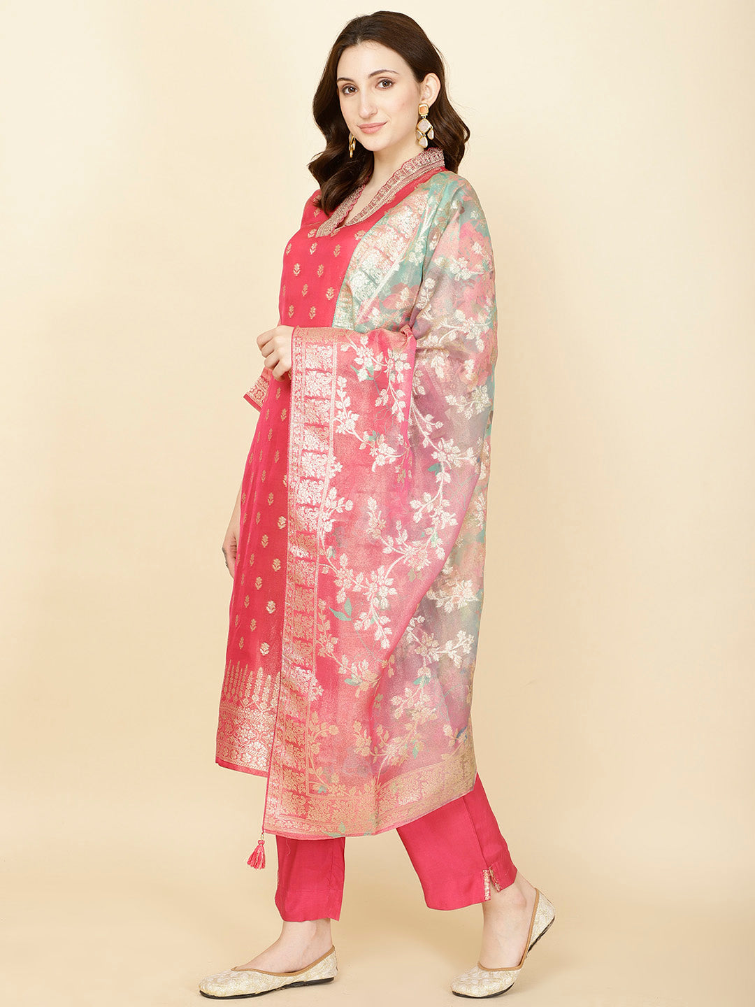 Floral Woven Tissue Kurta With Pants &amp; Dupatta