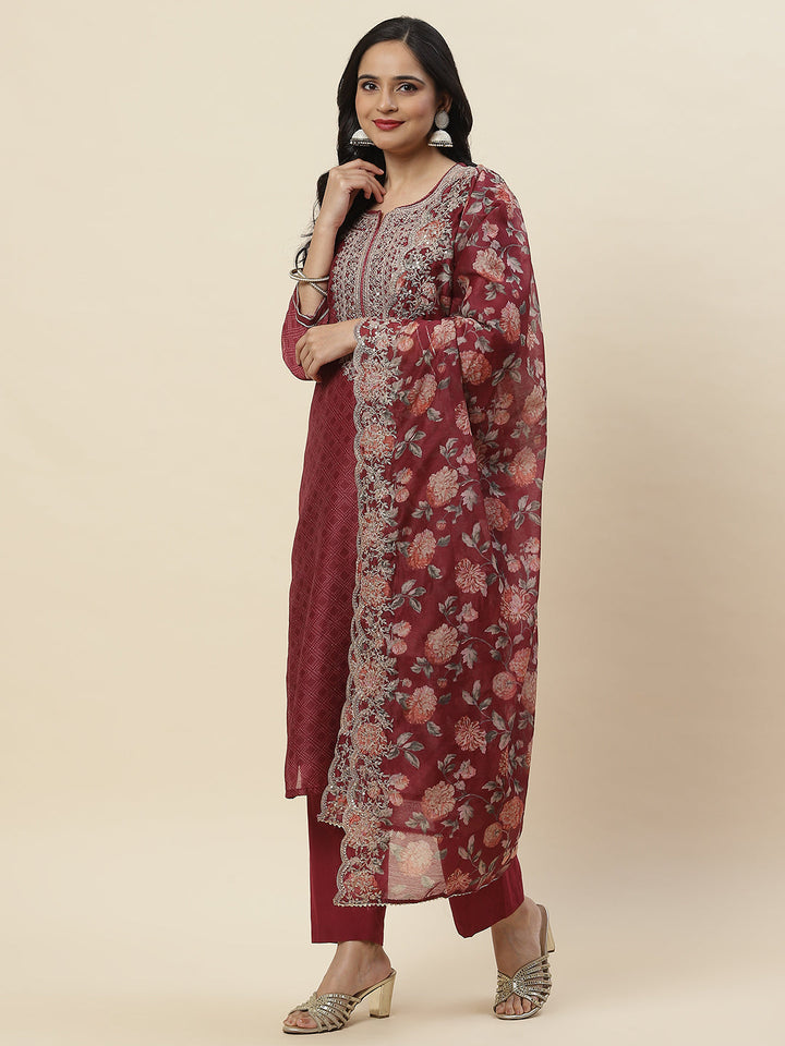 Printed &amp; Neck Embroidered Chanderi Kurta With Pants &amp; Dupatta