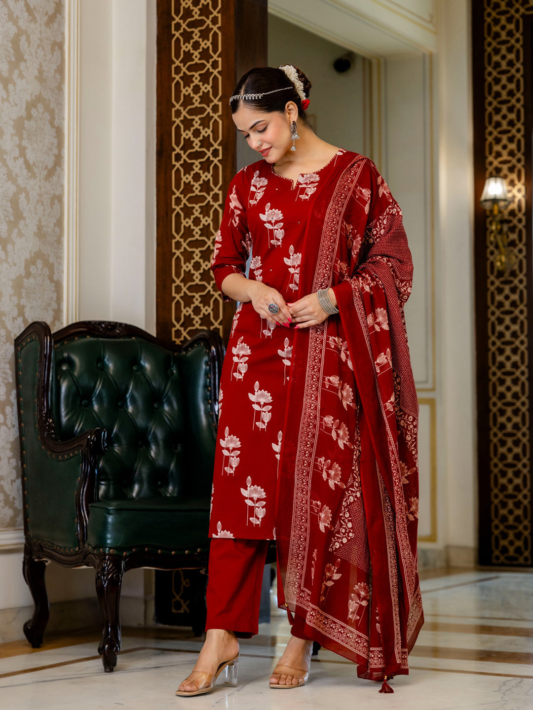 Red Cotton Blend Printed Straight Suit Set