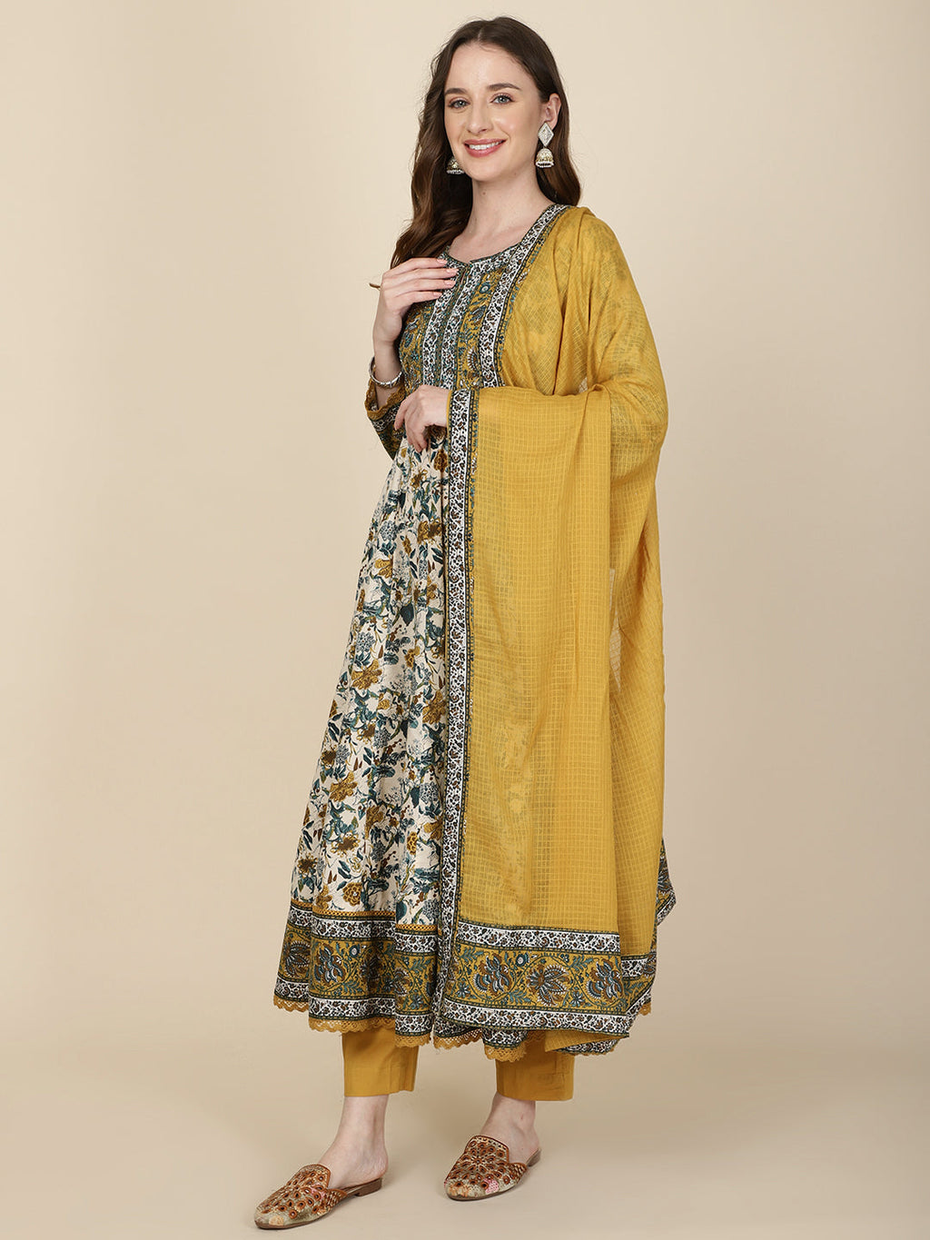 Floral Printed Cotton Kurta With Pants & Dupatta