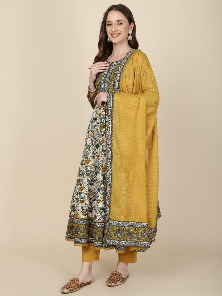 Floral Printed Cotton Kurta With Pants &amp; Dupatta