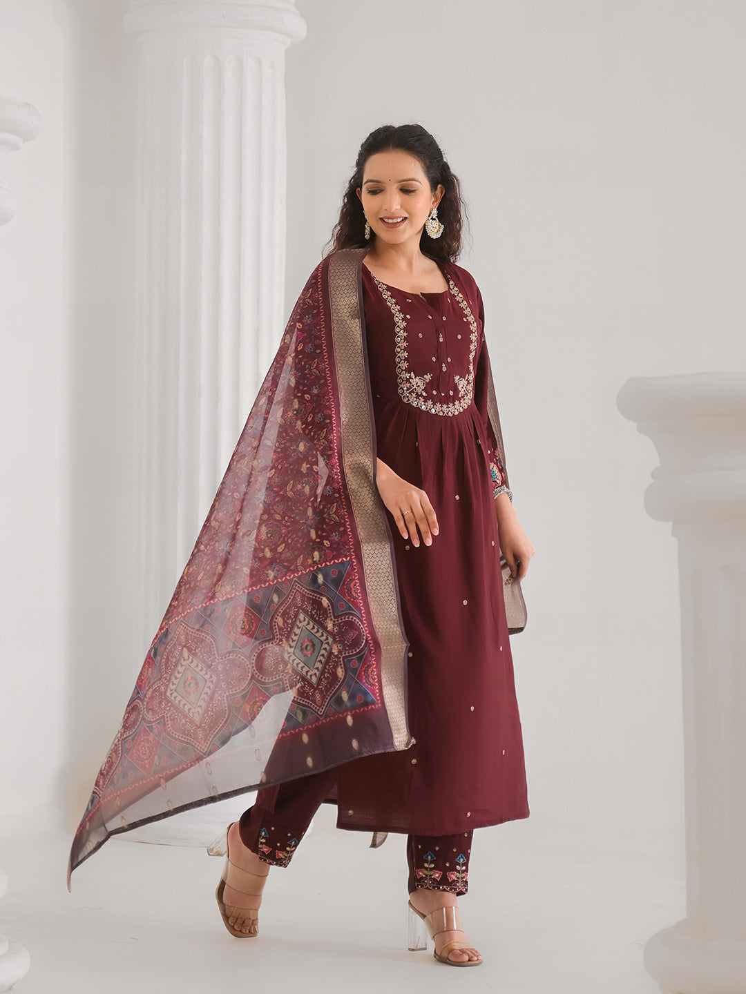Neck Embroidery Cotton Blend Kurta With Pants &amp; Dupatta