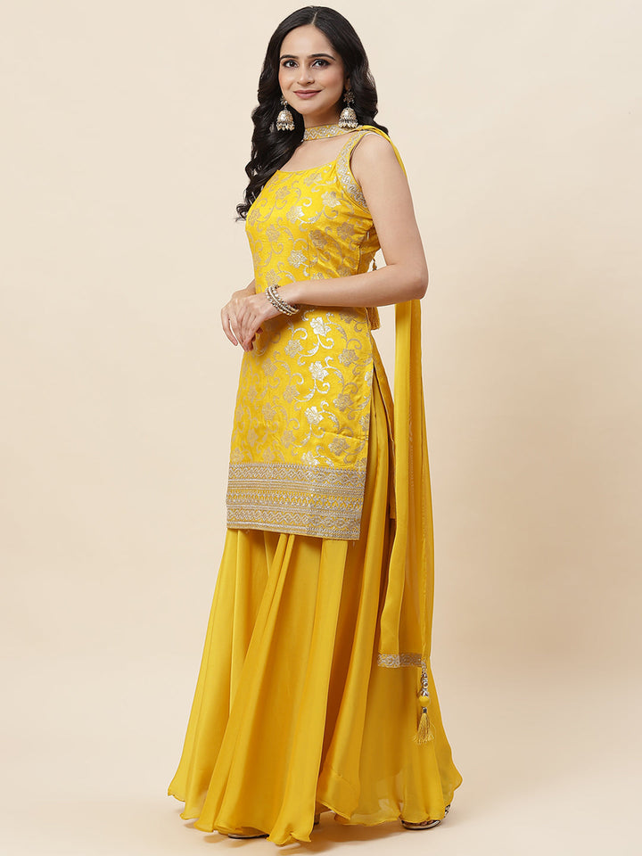 Floral Woven Georgette Kurta With Sharara &amp; Dupatta