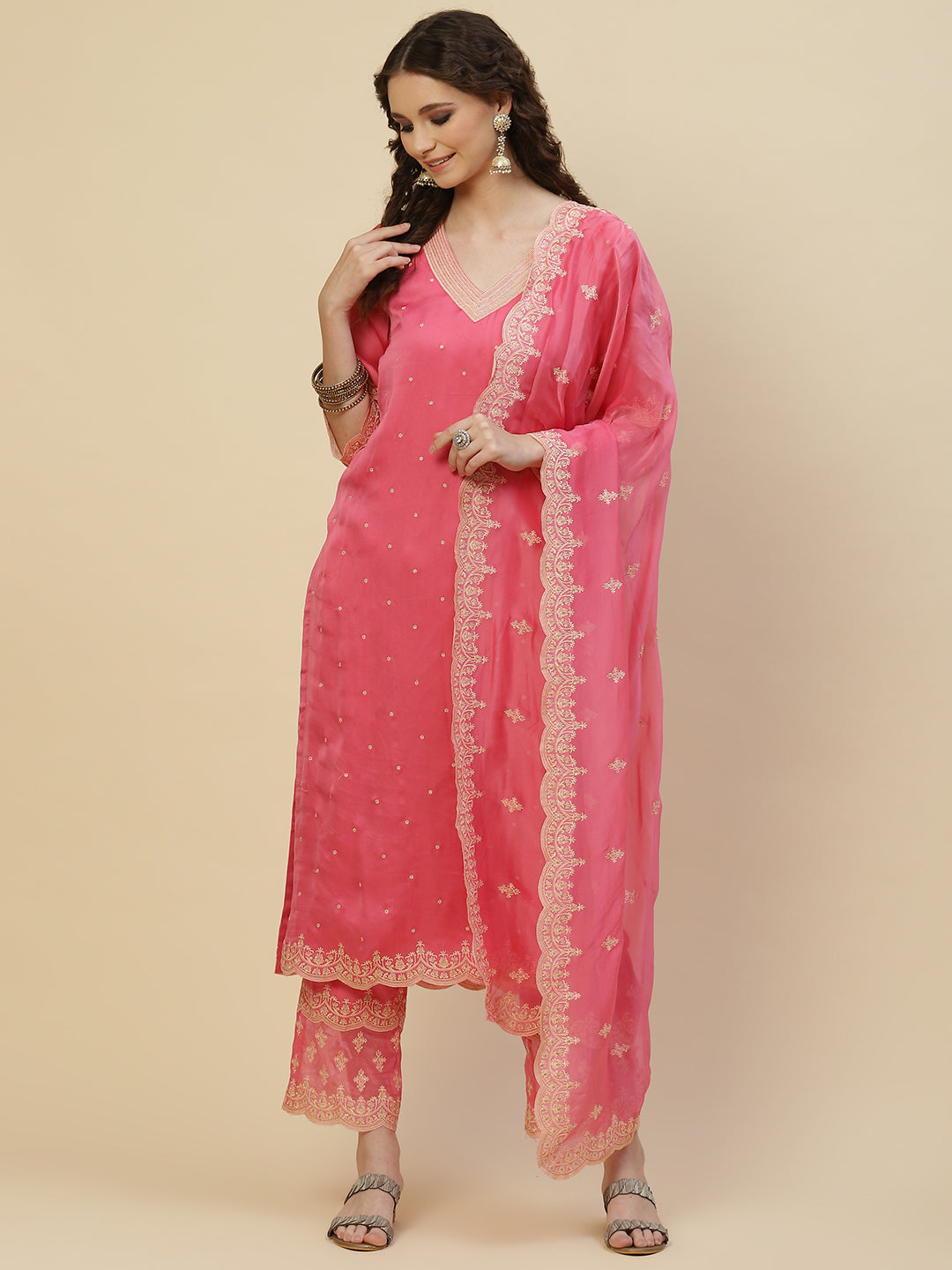 Resham Booti Satin Kurta With Pants &amp; Dupatta