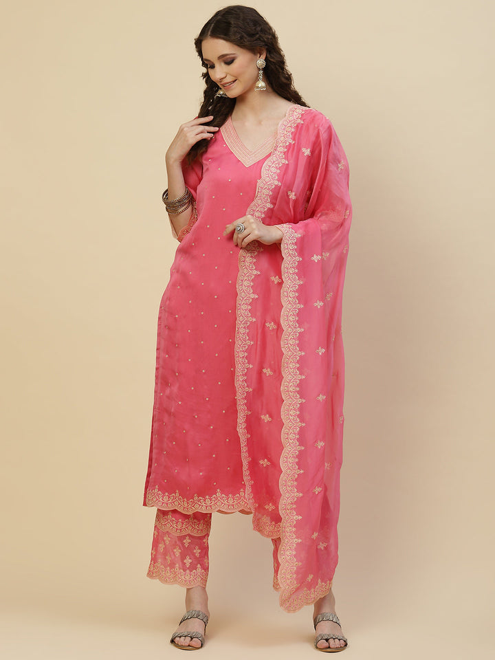 Resham Booti Satin Kurta With Pants &amp; Dupatta