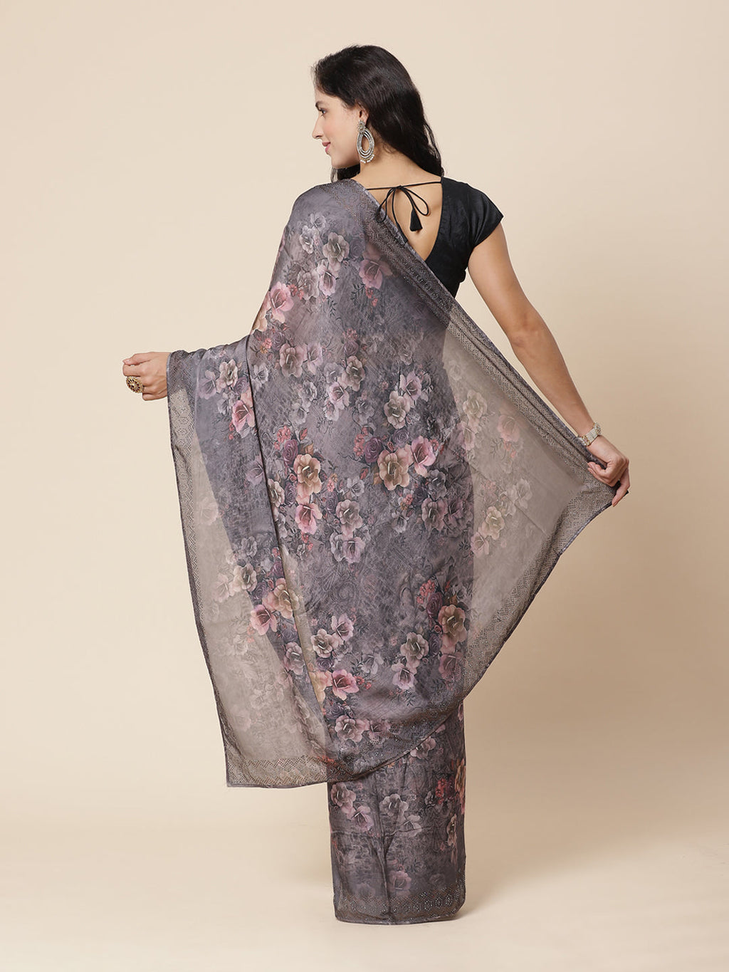 Digital Floral Printed Stone Work Satin Saree