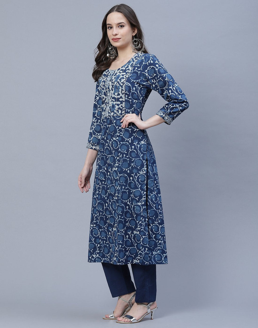 Indigo Cotton Printed Kurti Pant Set