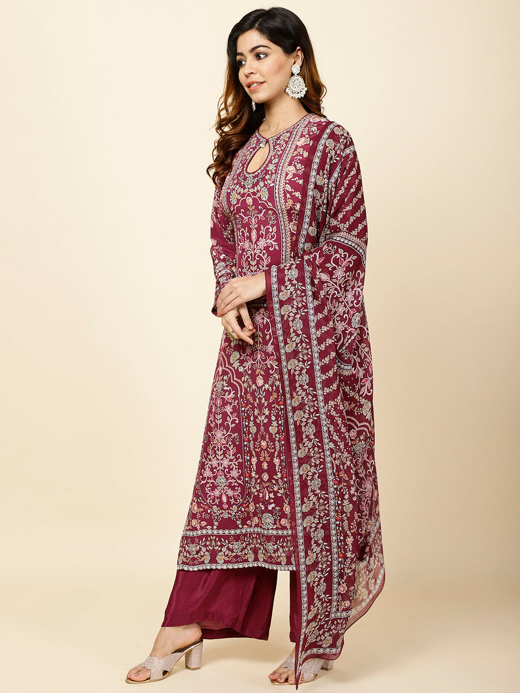 Digital Floral Printed Crepe Kurta With Palazzo & Dupatta