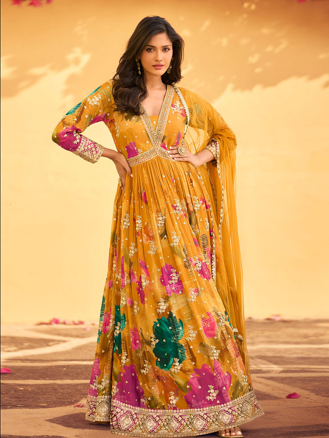 Printed &amp; Embroidered Chinon Gown With Dupatta