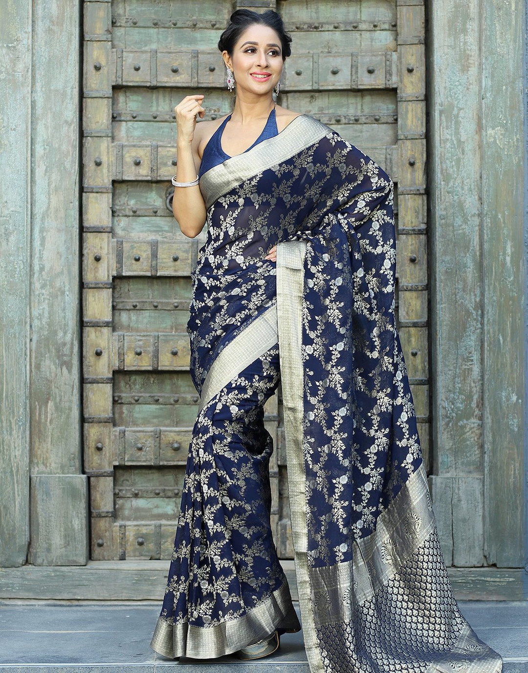 MBZ Meena Bazaar-Silver Zari Jaal Georgette Saree