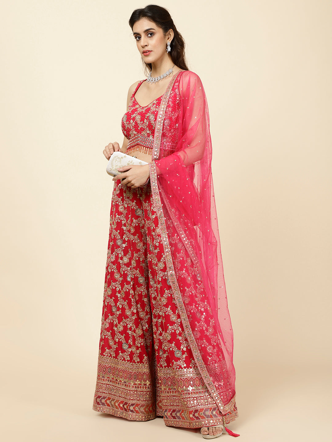 Zari Embroidered Georgette Crop Top With Palazzo &amp; Dupatta