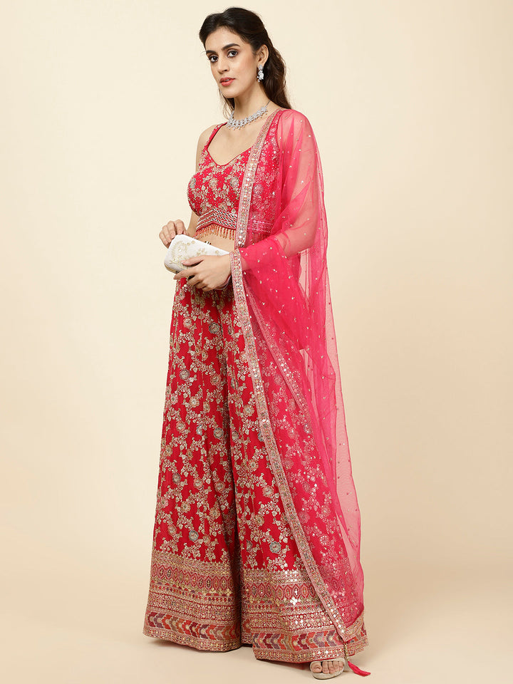 Zari Embroidered Georgette Crop Top With Palazzo &amp; Dupatta