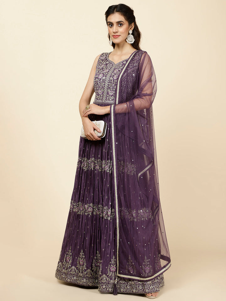 Resham Embroidered Crepe Kurta With Churidar &amp; Dupatta