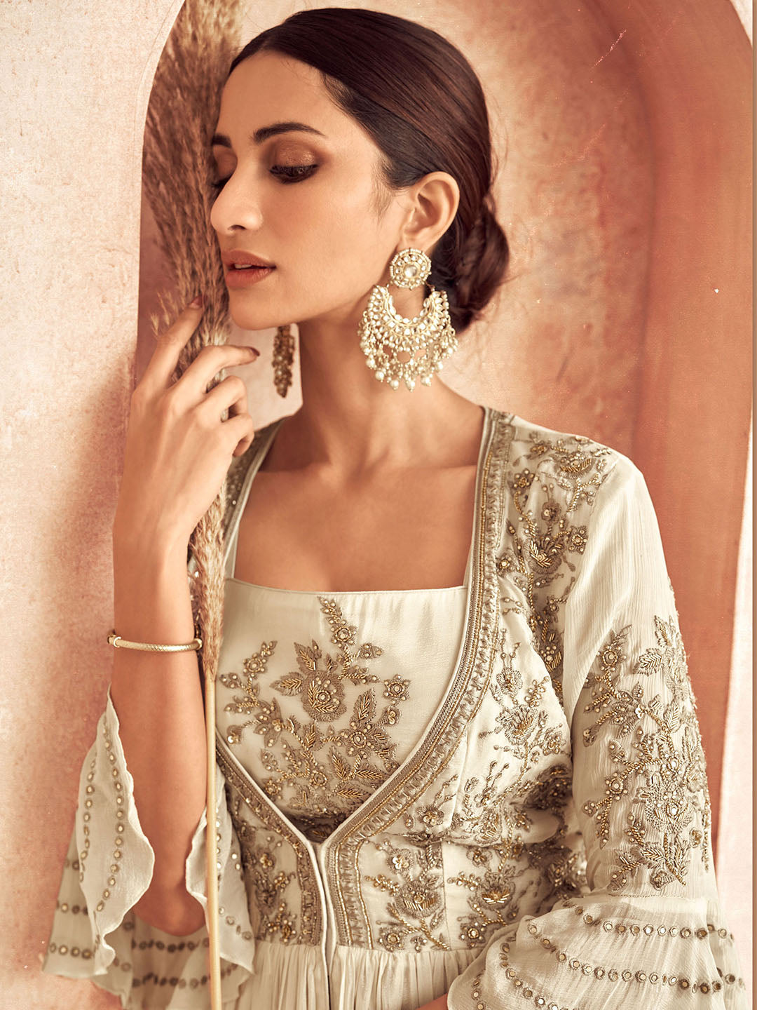 Zari Stone Embroidered Chinon Square Neck Kurta Cotton And Skirt