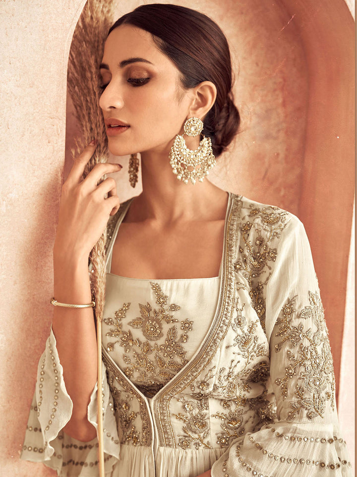 Zari Stone Embroidered Chinon Square Neck Kurta Cotton And Skirt