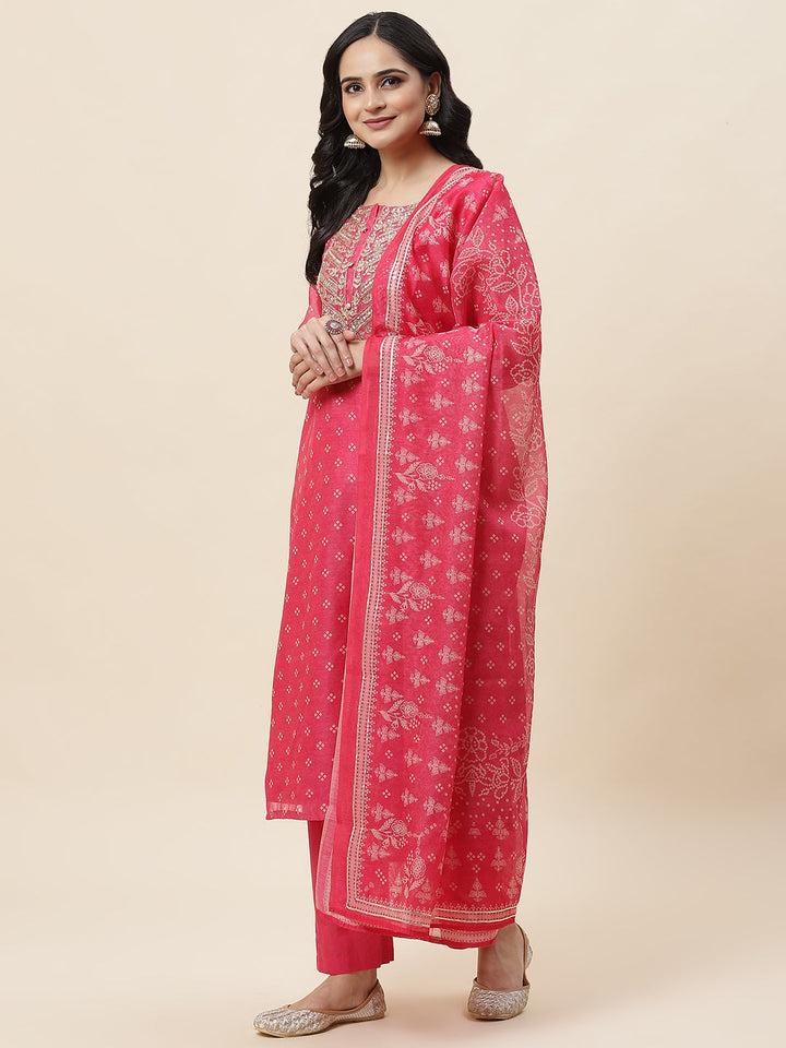 Bandhani Printed Chanderi Kurta With Pants &amp; Dupatta