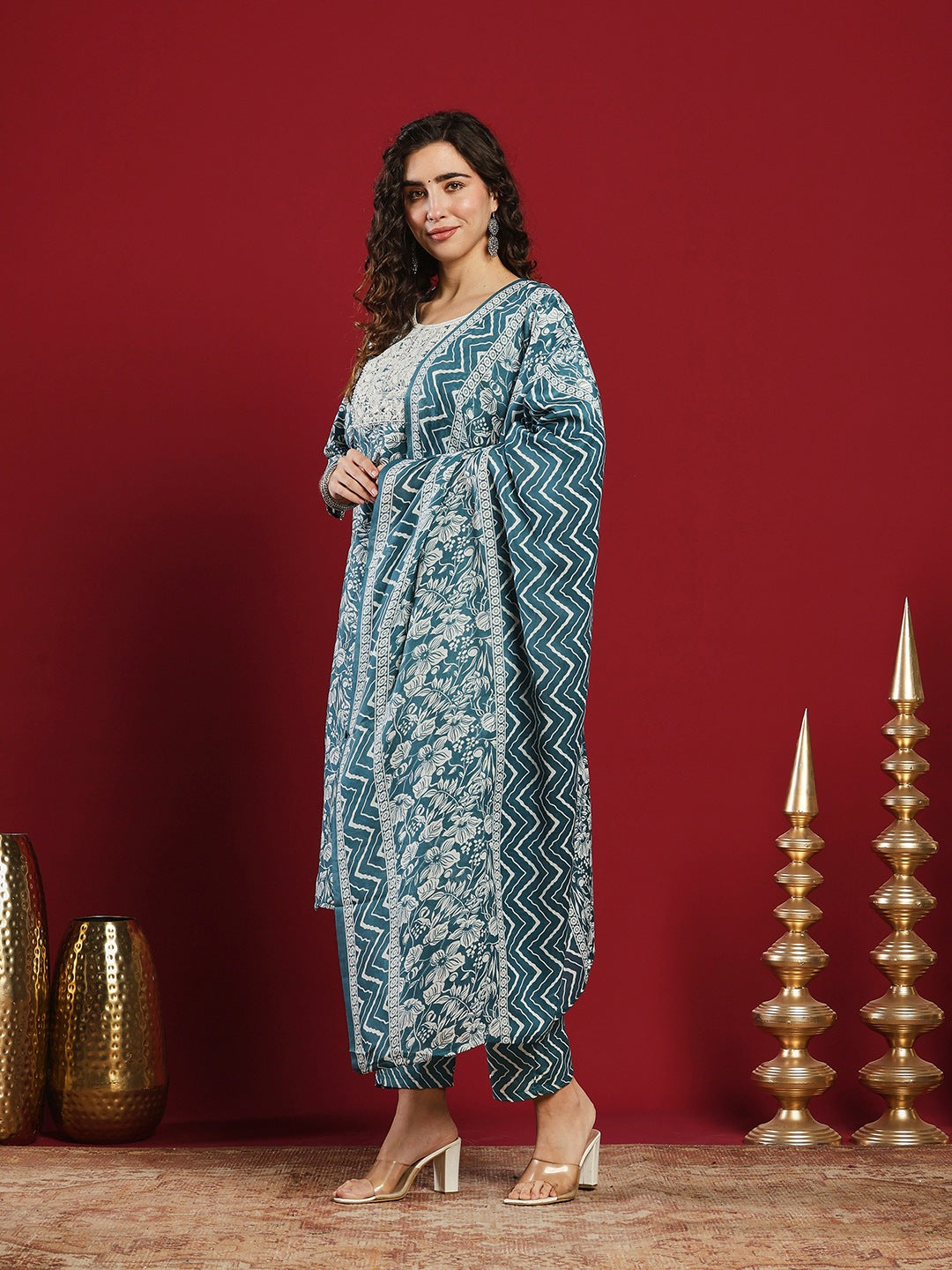 Printed Cotton Kurta With Pant &amp; Dupatta
