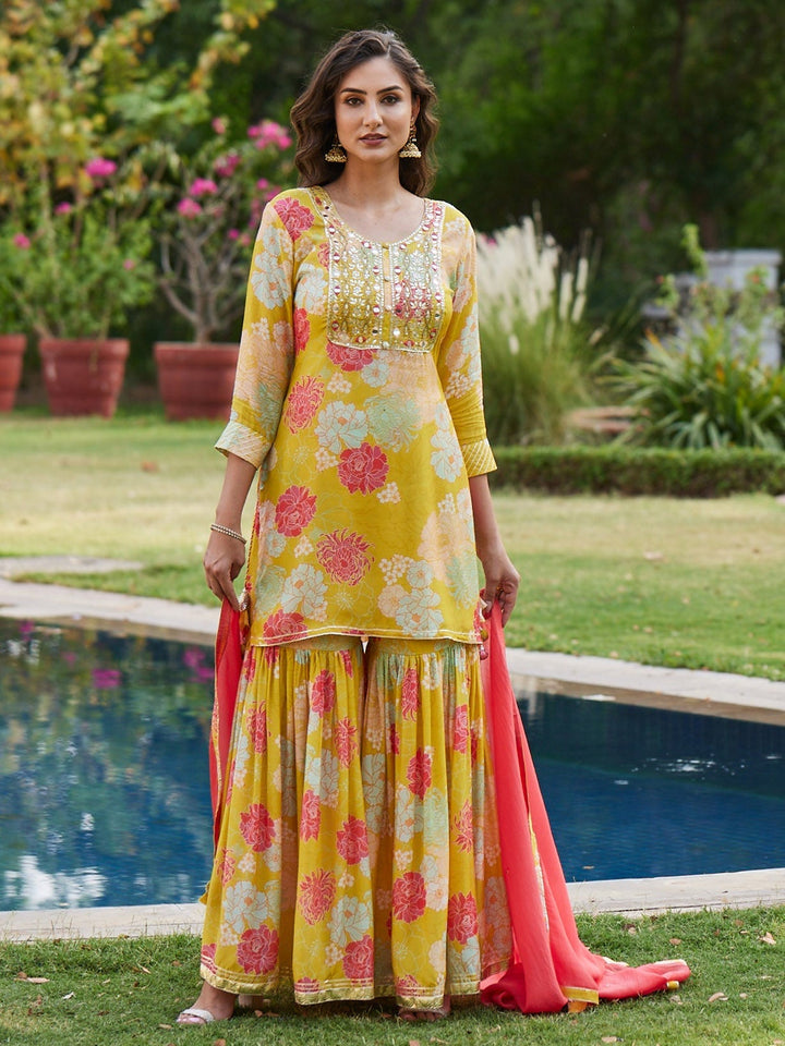 Floral Printed Cotton Kurta With Garara &amp; Dupatta
