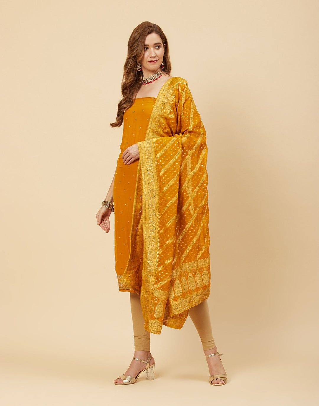 Embroidered Georgette Suit Piece With Bandhini Dupatta