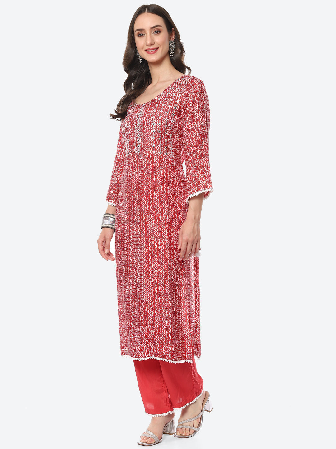 Mirror Neck Embroidered Printed Muslin Kurta With Palazzo