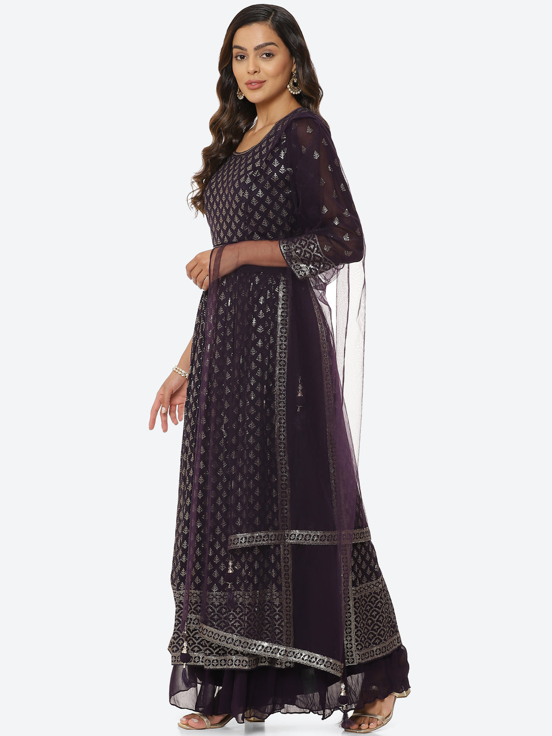 Resham Sequin Booti Georgette Kurta With Palazzo &amp; Dupatta
