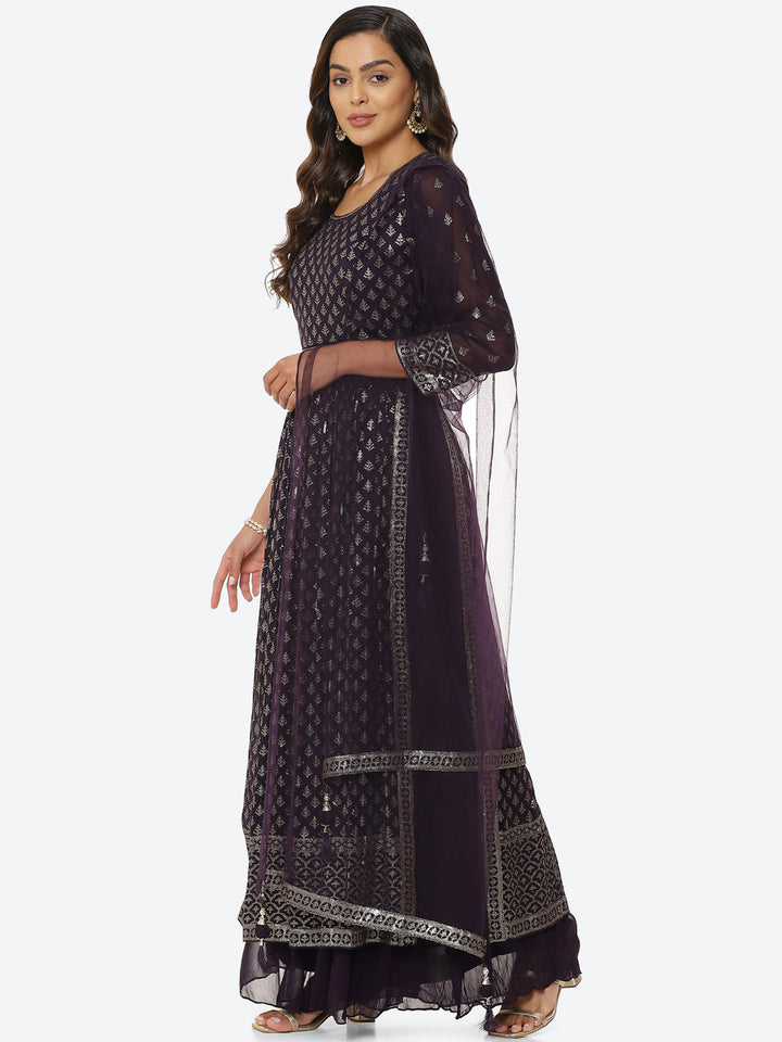 Resham Sequin Booti Georgette Kurta With Palazzo &amp; Dupatta