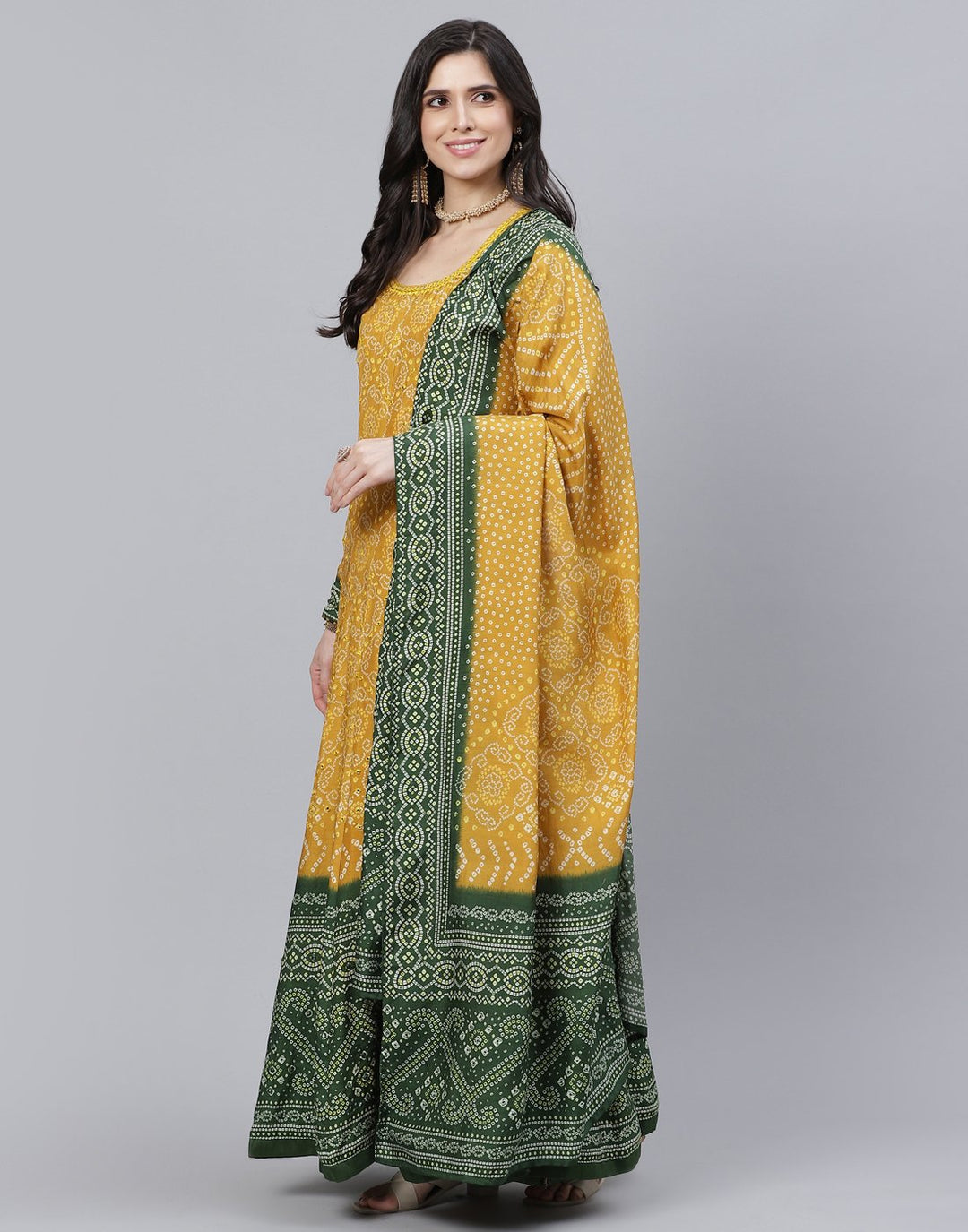 Mustard Green Anarkali Salwar Kameez Stitched Suit