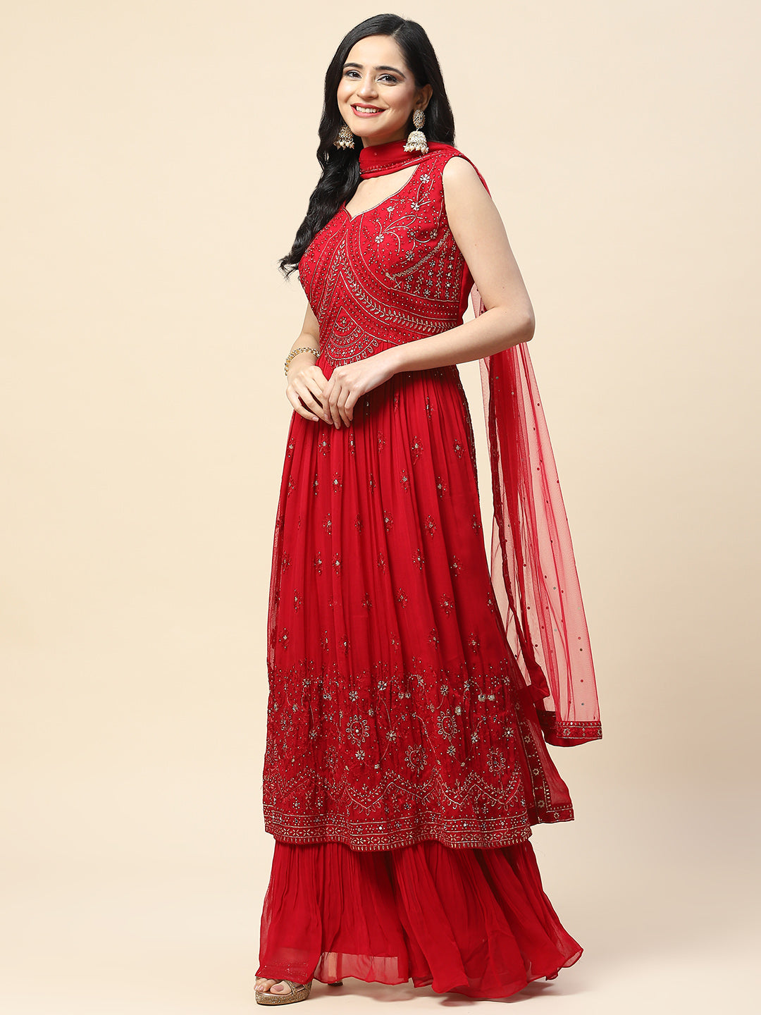 Resham Booti Embroidered Georgette Kurta With Palazzo &amp; Dupatta