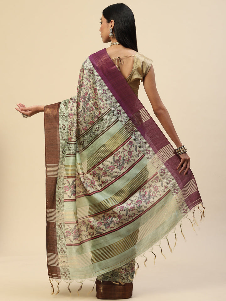 Digital Floral Zari Border Tussar Saree