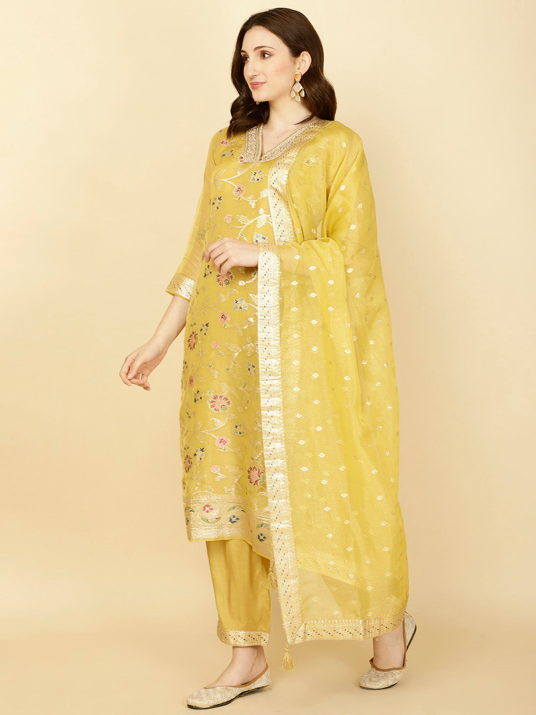 Floral Woven Tissue Kurta With Pants &amp; Dupatta