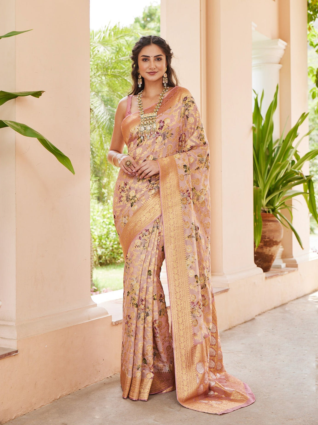 Gold Jaal Printed Banarsi Saree