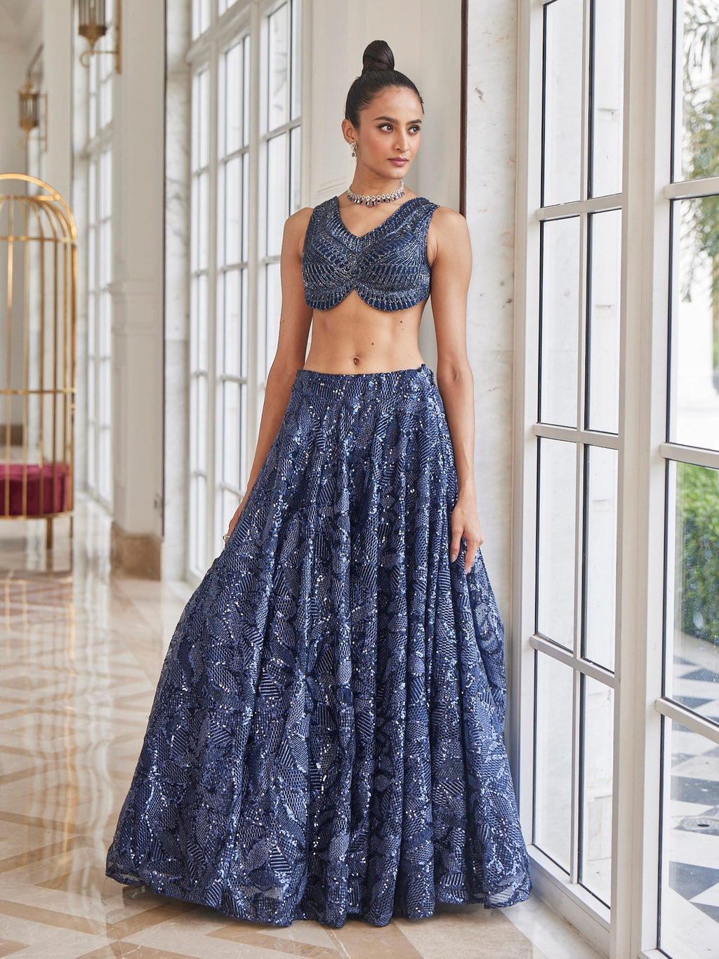 Cut Dana Embroidered Net Choli With Lehenga
