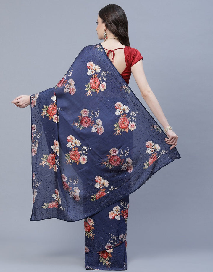 Digital Floral Printed Crepe Saree with Stone Work