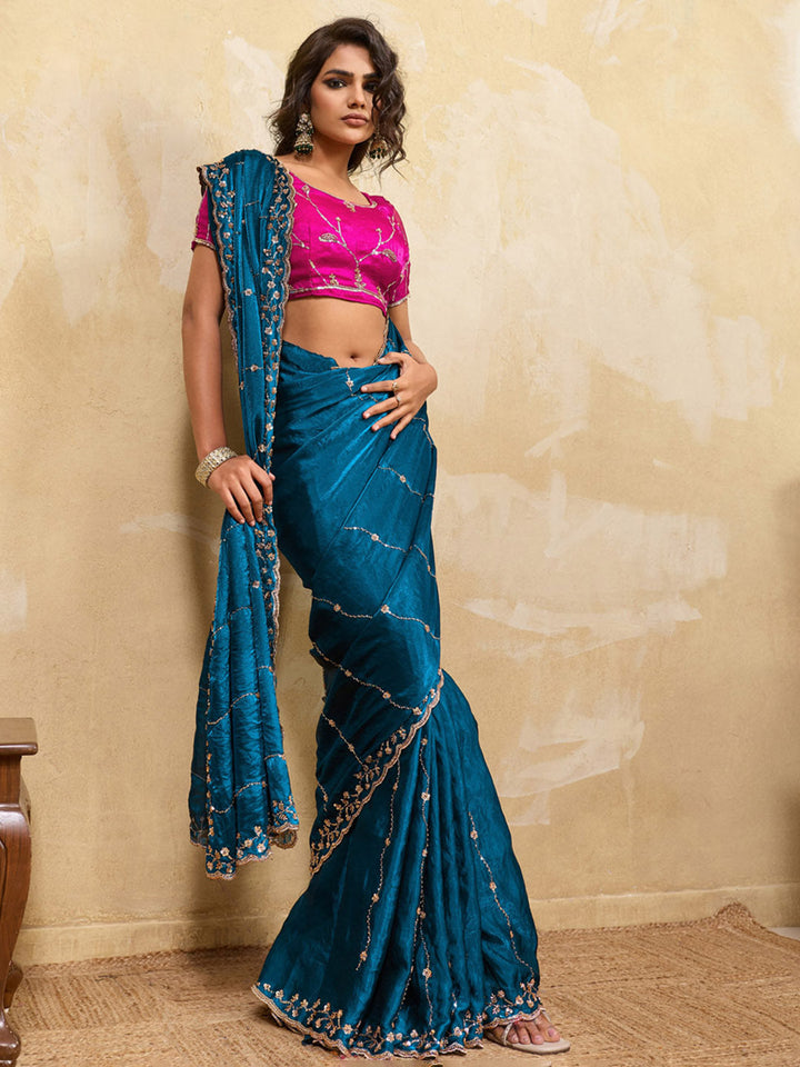 Embroidered Satin Velvet Saree