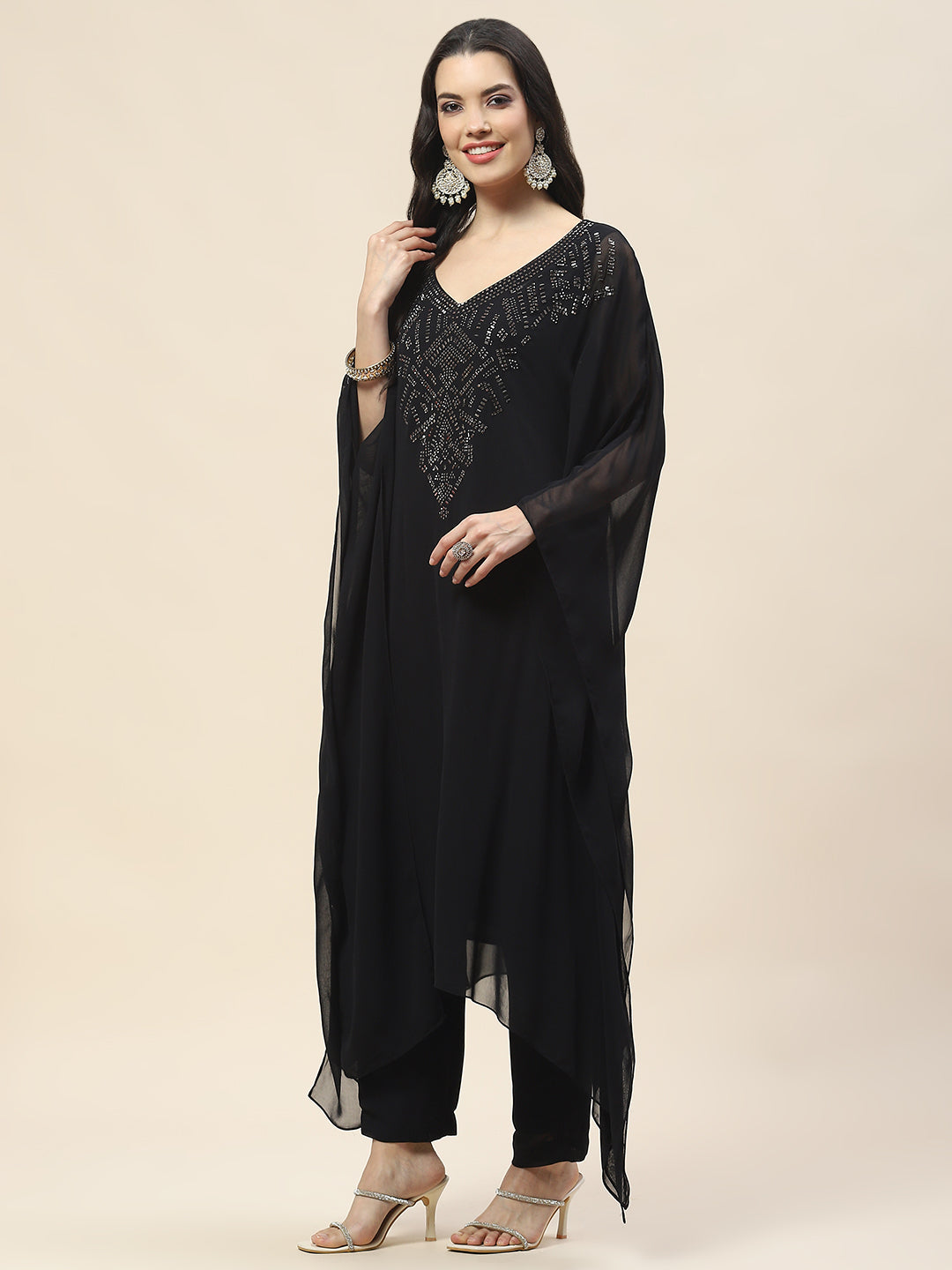 Neck Embroidered Georgette Kurta With Pants