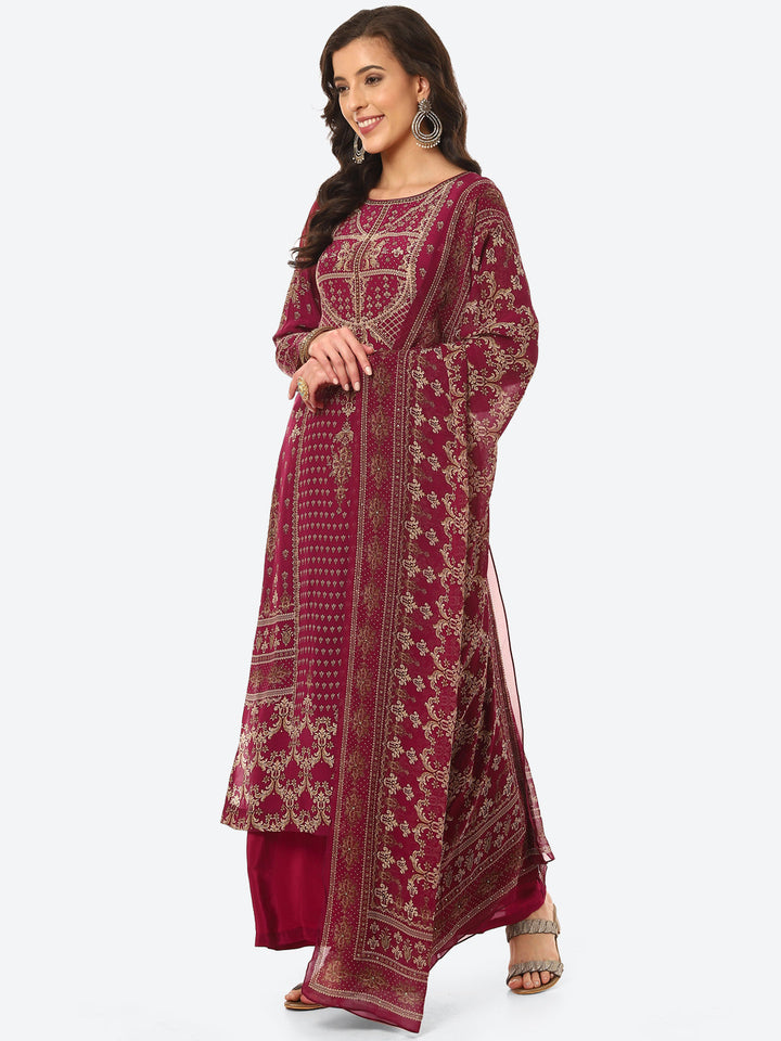 Digital Printed Crepe Kurta With Palazzo &amp; Georgette Dupatta