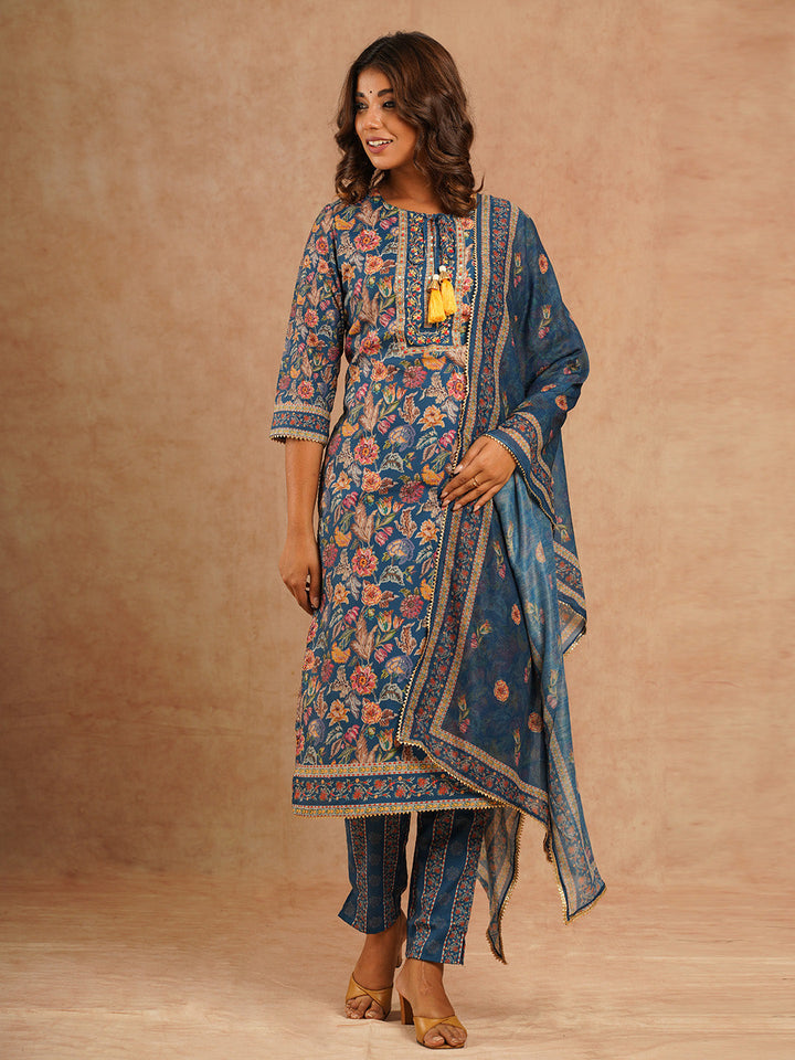 Floral Printed Muslin Kurta With Pants &amp; Dupatta