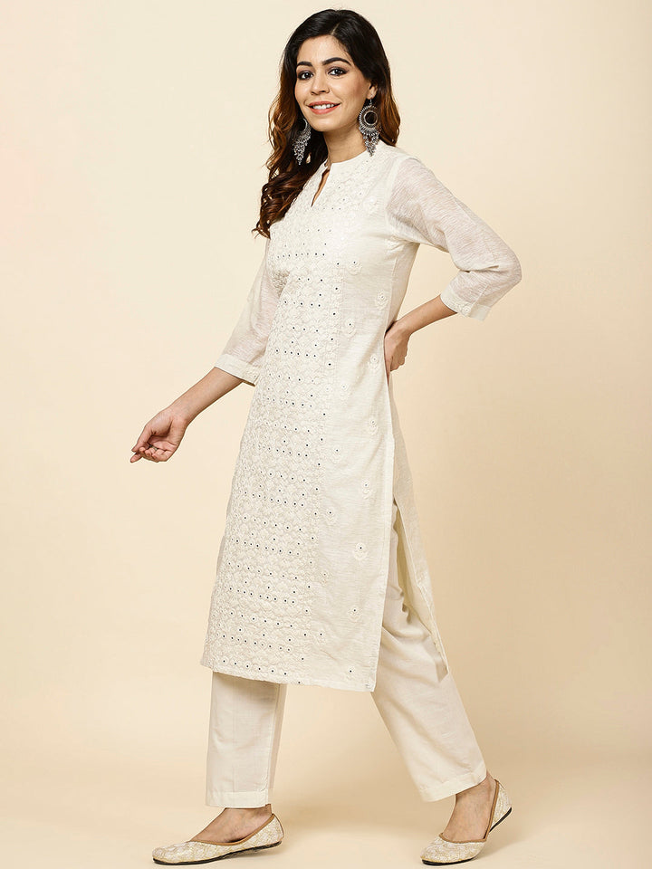 Thread Embroidered Cotton Kurta With Pants