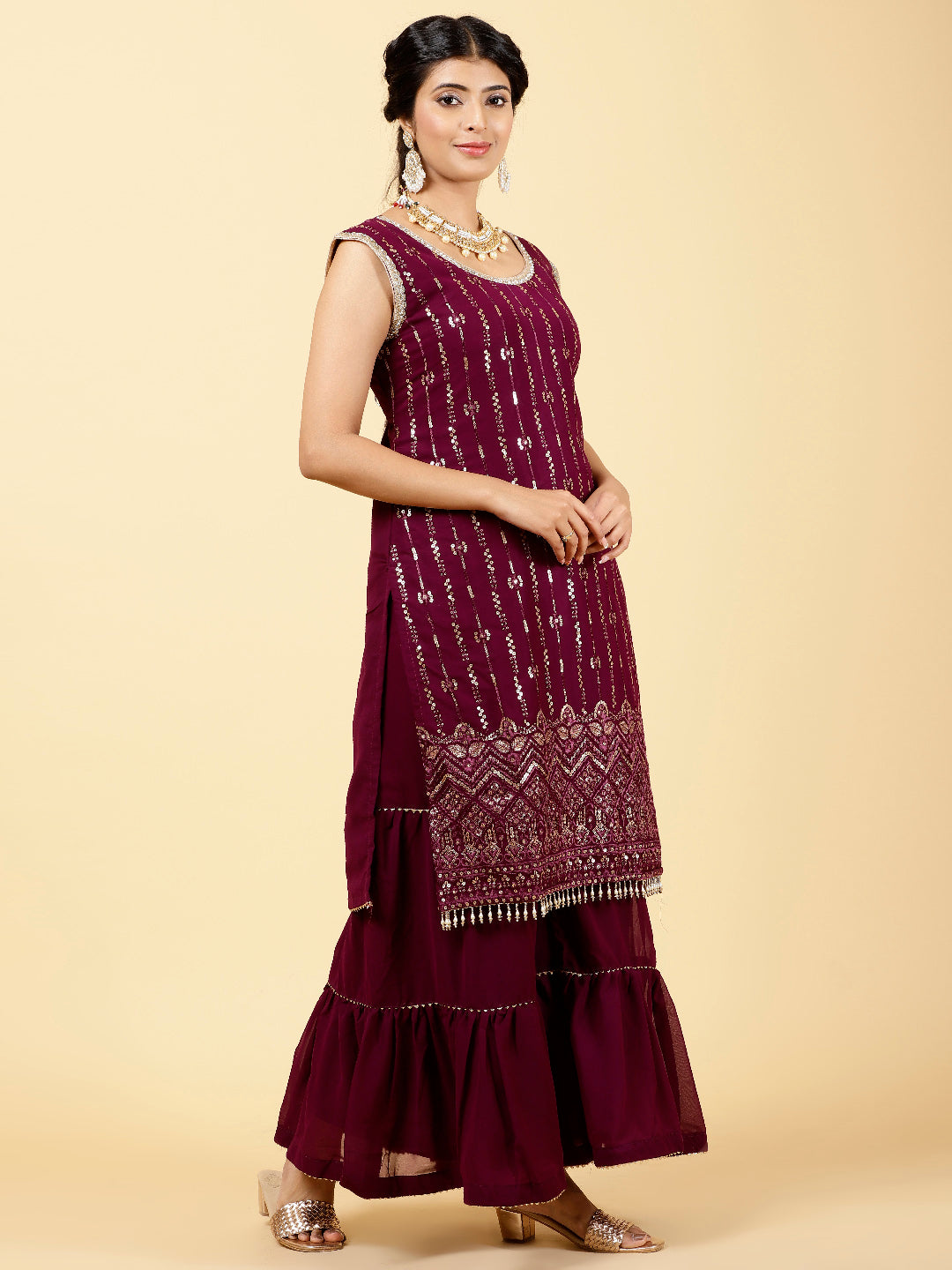 Sequen Georgette Kurta With Garara &amp; Dupatta