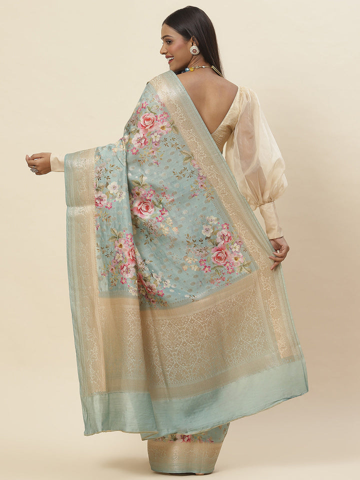 Digitally Floral Printed Tussar Saree