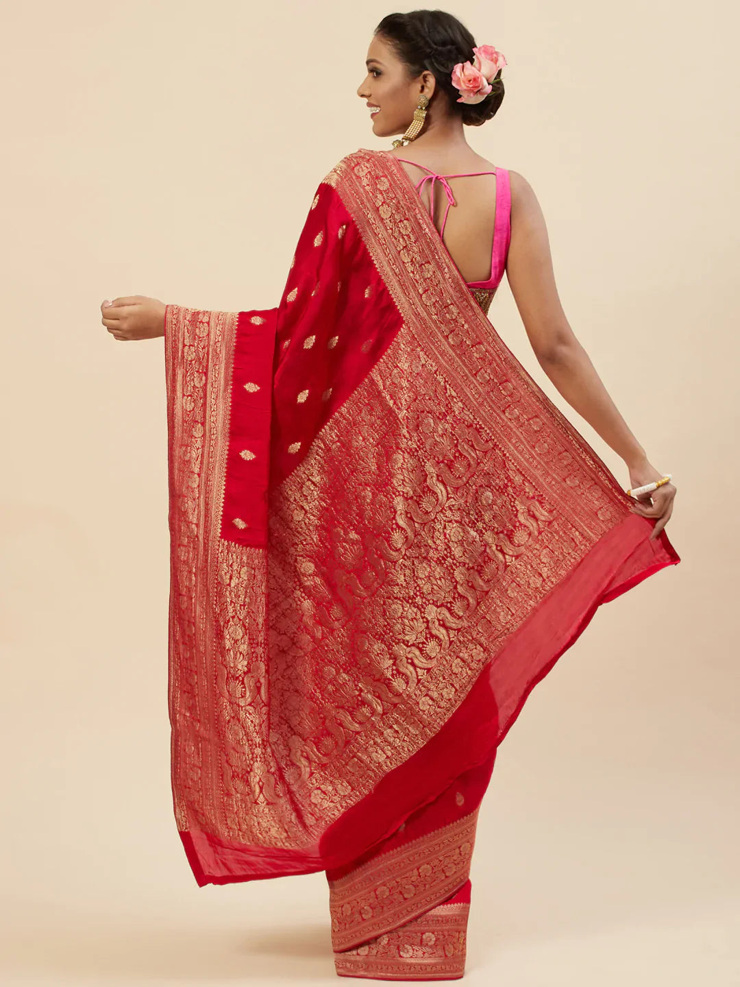 Zari Border Booti Satin Woven Saree