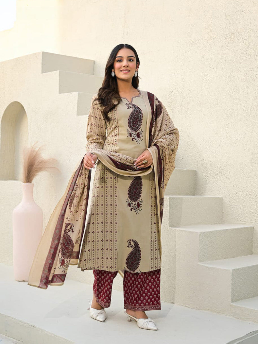 Beige Red Cotton Blend Printed Straight Suit Set