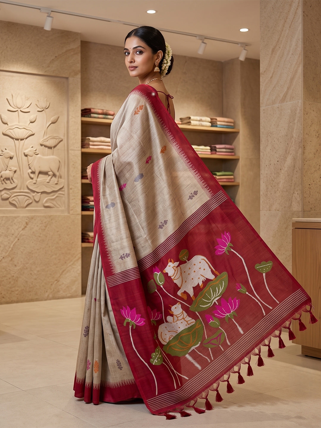 Off-White-Red Cotton Blend Woven Saree