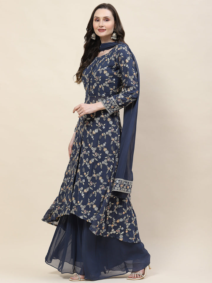 Resham Sequin Embroidery Georgette Kurta With Sharara &amp; Dupatta