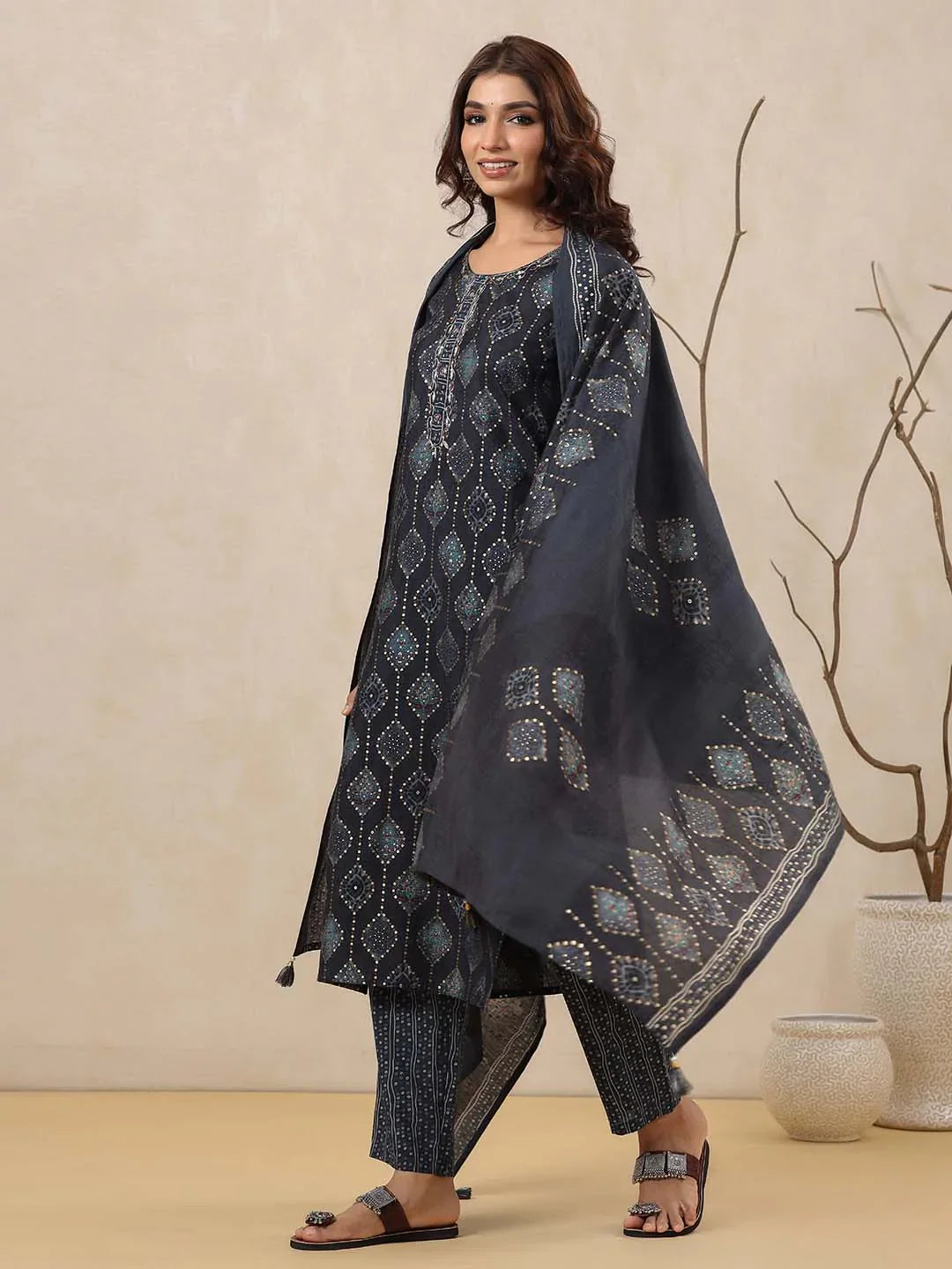 Block Printed Muslin Kurta With Pants &amp; Dupatta