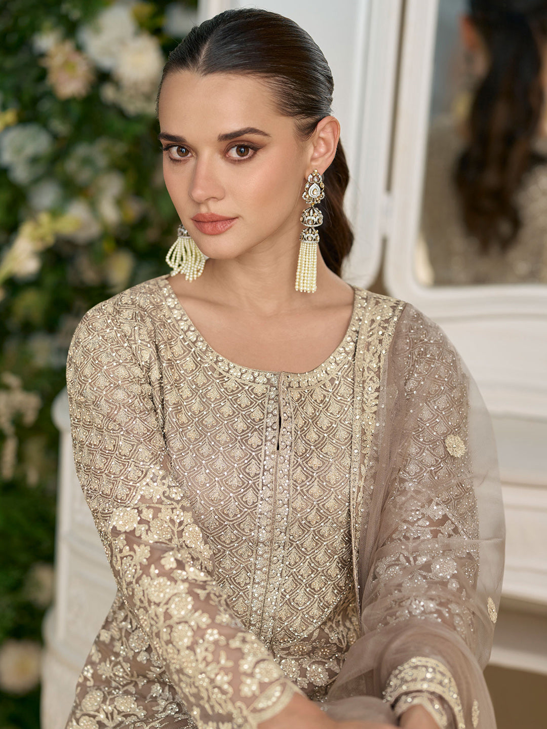 Embroidered Georgette Kurta With Sharara &amp; Dupatta
