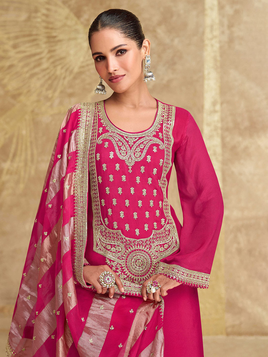 Embroidered Chinon Silk Kurta With Skirt &amp; Dupatta