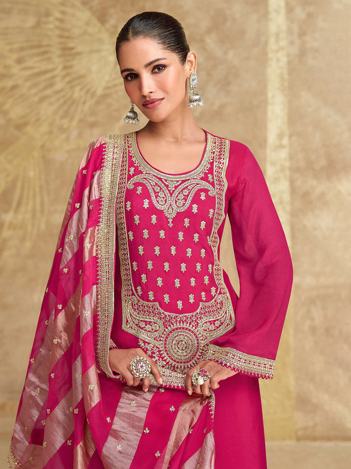 Embroidered Chinon Silk Kurta With Skirt &amp; Dupatta